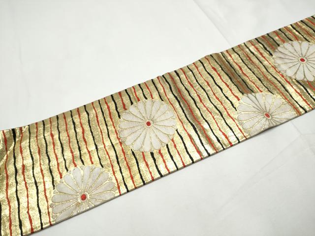 平和屋着物▼九寸名古屋帯 唐織 菊 金糸 正絹 逸品 CABE8654hy