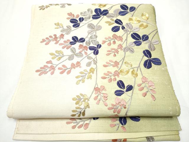 平和屋着物●アンティーク　大正ロマン　八寸名古屋帯　総刺繍　駒刺繍　枝垂れ萩文　金銀糸　正絹　逸品　CABE8656hy