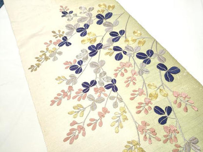 平和屋着物●アンティーク　大正ロマン　八寸名古屋帯　総刺繍　駒刺繍　枝垂れ萩文　金銀糸　正絹　逸品　CABE8656hy