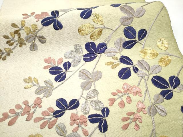 平和屋着物●アンティーク　大正ロマン　八寸名古屋帯　総刺繍　駒刺繍　枝垂れ萩文　金銀糸　正絹　逸品　CABE8656hy