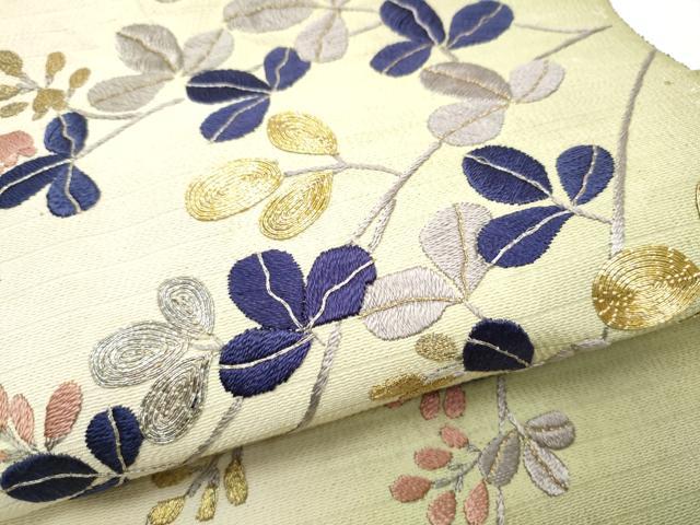 平和屋着物●アンティーク　大正ロマン　八寸名古屋帯　総刺繍　駒刺繍　枝垂れ萩文　金銀糸　正絹　逸品　CABE8656hy