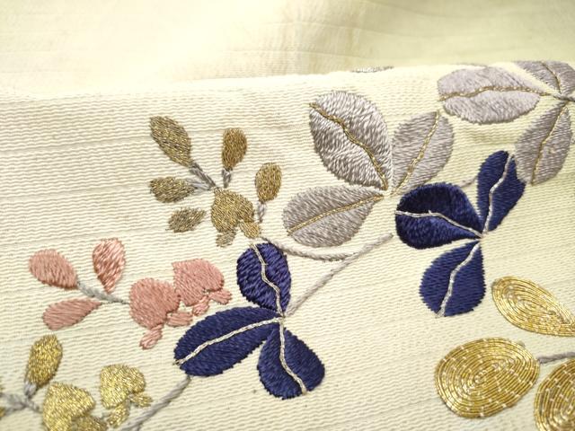 平和屋着物●アンティーク　大正ロマン　八寸名古屋帯　総刺繍　駒刺繍　枝垂れ萩文　金銀糸　正絹　逸品　CABE8656hy