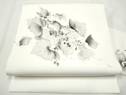 平和屋着物●塩瀬　九寸名古屋帯　作家物　手描き　葡萄蔦の葉文　正絹　逸品　CABE8657hy