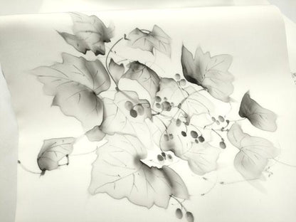 平和屋着物●塩瀬　九寸名古屋帯　作家物　手描き　葡萄蔦の葉文　正絹　逸品　CABE8657hy