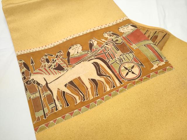 平和屋着物●塩瀬　九寸名古屋帯　ろうけつ染　エジプト壁画文様　正絹　逸品　CABE8662hy