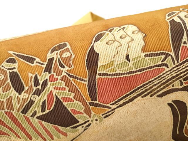 平和屋着物●塩瀬　九寸名古屋帯　ろうけつ染　エジプト壁画文様　正絹　逸品　CABE8662hy