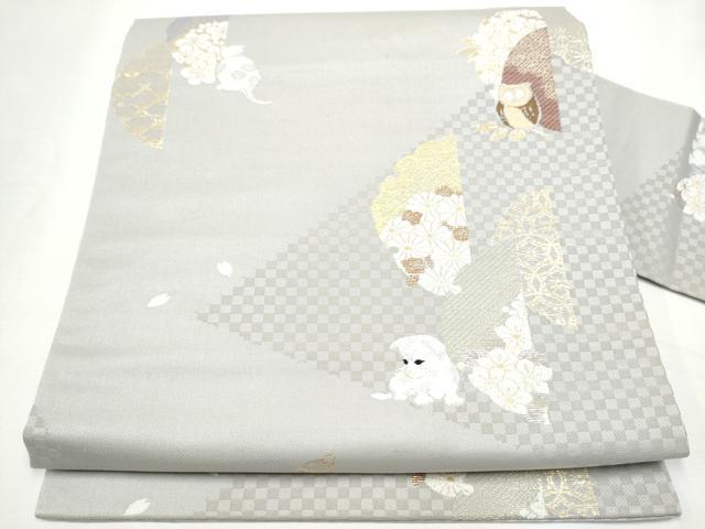 平和屋着物●九寸名古屋帯　猫　犬　みみずく　雪輪花文　金糸　ほていや扱い　正絹　逸品　CABE8664hy