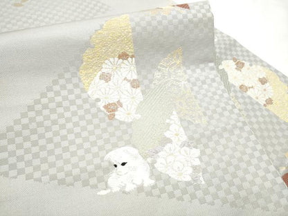 平和屋着物●九寸名古屋帯　猫　犬　みみずく　雪輪花文　金糸　ほていや扱い　正絹　逸品　CABE8664hy