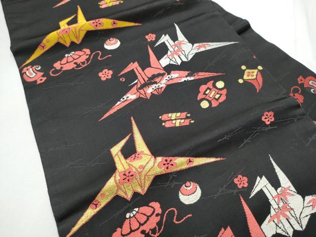 平和屋着物●アンティーク　大正ロマン　九寸名古屋帯　折鶴　宝尽く梅文　黒地　金糸　正絹　逸品　CABE8665hy