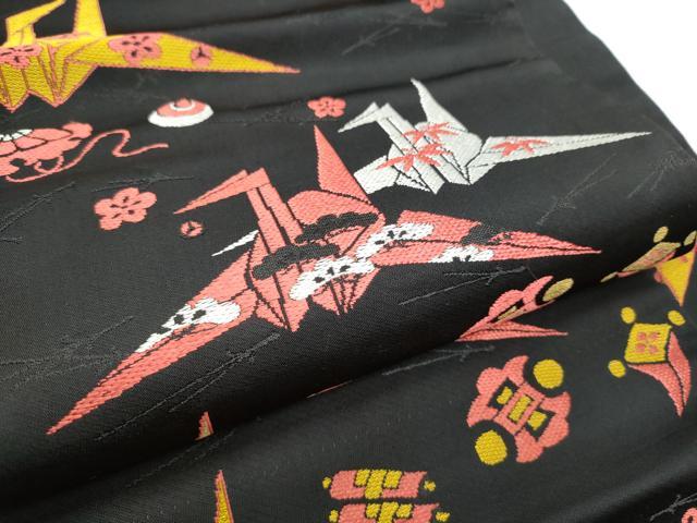 平和屋着物●アンティーク　大正ロマン　九寸名古屋帯　折鶴　宝尽く梅文　黒地　金糸　正絹　逸品　CABE8665hy