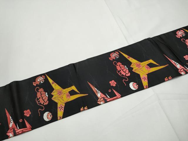 平和屋着物●アンティーク　大正ロマン　九寸名古屋帯　折鶴　宝尽く梅文　黒地　金糸　正絹　逸品　CABE8665hy