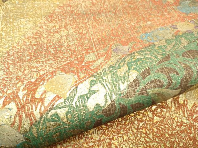 平和屋着物●石川県指定無形文化財　牛首紬　白山工房　手織り　全通柄袋帯　花唐草文　金糸　冊子付き　正絹　逸品　未使用　CABE8683hy