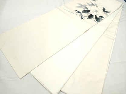 平和屋着物●太鼓柄袋帯　手描き　紬地　休み鳥枝花文　正絹　逸品　CABE8712hy