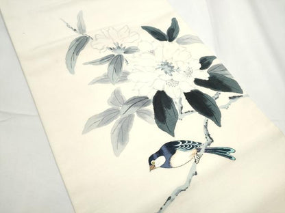 平和屋着物●太鼓柄袋帯　手描き　紬地　休み鳥枝花文　正絹　逸品　CABE8712hy