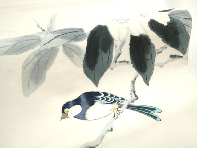 平和屋着物○太鼓柄袋帯 手描き 紬地 休み鳥枝花文 正絹