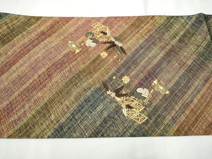 平和屋着物●ひなや工房 くむ・あむ・おる 伊豆蔵明彦 組織 太鼓柄袋帯 総刺繍 宝尽くし草花文 金糸 正絹 逸品 未使用 CABE8742hy