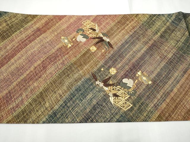 平和屋着物●ひなや工房 くむ・あむ・おる 伊豆蔵明彦 組織 太鼓柄袋帯 総刺繍 宝尽くし草花文 金糸 正絹 逸品 未使用 CABE8742hy