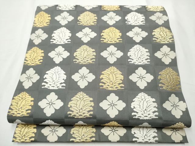 平和屋着物●六通柄袋帯　市松草花文　金糸　正絹　逸品　CABE8767hy
