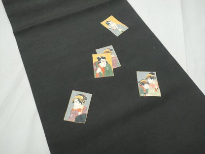 平和屋着物●九寸名古屋帯　色紙人物文　黒地　金彩　正絹　逸品　CABE8773hy