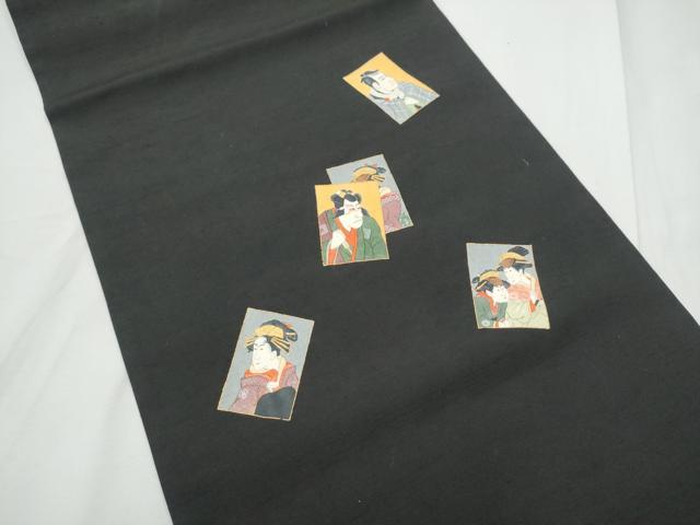 平和屋着物●九寸名古屋帯　色紙人物文　黒地　金彩　正絹　逸品　CABE8773hy