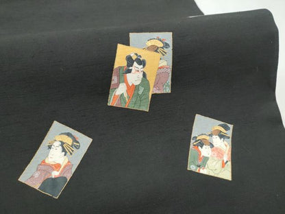 平和屋着物●九寸名古屋帯　色紙人物文　黒地　金彩　正絹　逸品　CABE8773hy