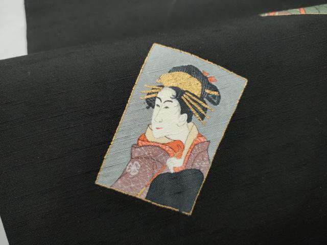 平和屋着物●九寸名古屋帯　色紙人物文　黒地　金彩　正絹　逸品　CABE8773hy 平和屋着物○九寸名古屋帯 色紙人物文 黒地 金彩 正絹 逸品 CABE8773hy