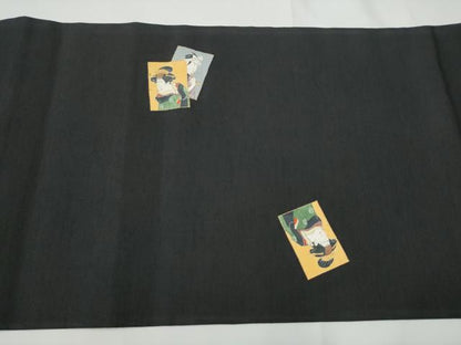 平和屋着物●九寸名古屋帯　色紙人物文　黒地　金彩　正絹　逸品　CABE8773hy
