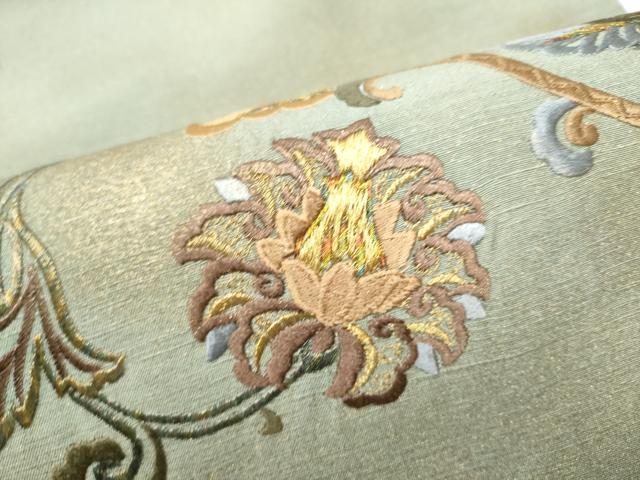 平和屋着物●太鼓柄袋帯　紬地　総刺繍　更紗花唐草文　金彩　正絹　逸品　CABE8797hy