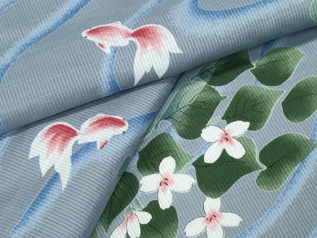 平和屋着物∴夏物 浴衣 縦綿絽 金魚 流水草花文 綿 逸品 CABE8832ng