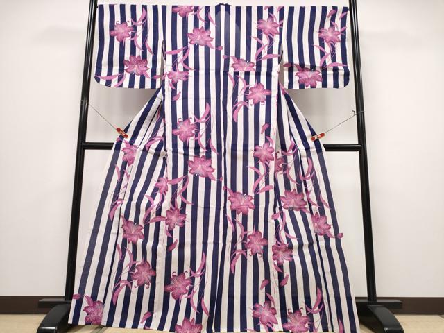 平和屋着物∴夏物 撫松庵 小紋・浴衣兼用 綿絽 ゆり 百合 間道 綿 逸品 CABE8833ng