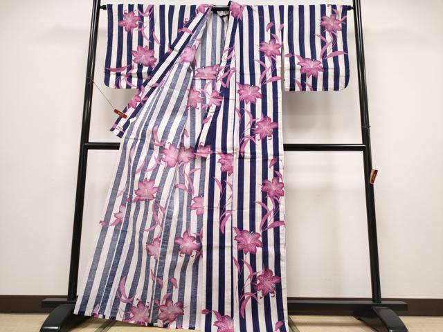 平和屋着物∴夏物 撫松庵 小紋・浴衣兼用 綿絽 ゆり 百合 間道 綿 逸品 CABE8833ng