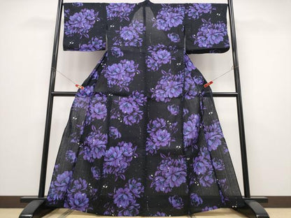 平和屋着物∴夏物 浴衣 牡丹 黒地 綿 逸品 CABE8835ng