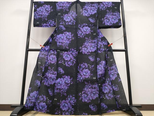平和屋着物∴夏物 浴衣 牡丹 黒地 綿 逸品 CABE8835ng