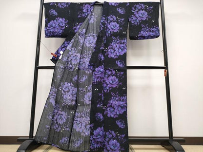 平和屋着物∴夏物 浴衣 牡丹 黒地 綿 逸品 CABE8835ng