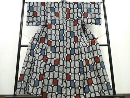 平和屋着物∴夏物 浴衣 幾何学文様 リップル生地 黒地 綿 逸品 CABE8845ng