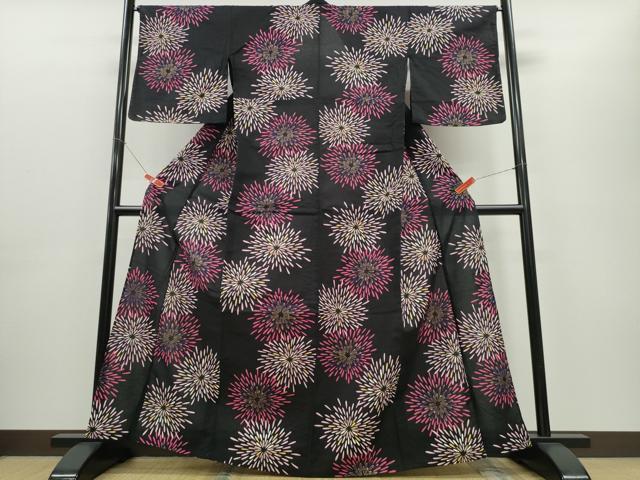 平和屋着物∴夏物 浴衣 花火 黒地 金彩 綿 逸品 CABE8857ng