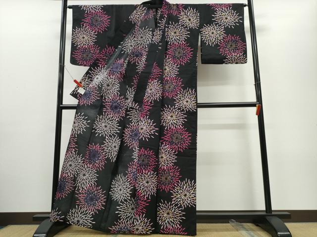 平和屋着物∴夏物 浴衣 花火 黒地 金彩 綿 逸品 CABE8857ng