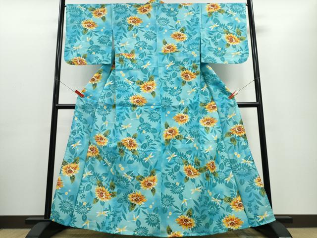 平和屋着物∴夏物 浴衣 綿紅梅 トンボ 蜻蛉 向日葵 綿 逸品 CABE8863ng