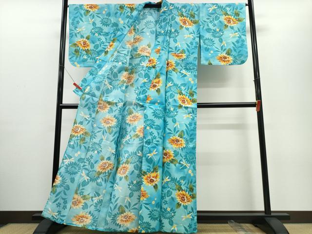 平和屋着物∴夏物 浴衣 綿紅梅 トンボ 蜻蛉 向日葵 綿 逸品 CABE8863ng