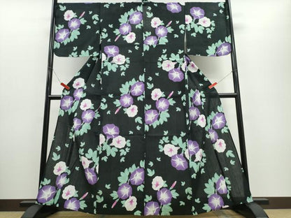 平和屋着物∴夏物 浴衣 朝顔 黒地 綿 逸品 CABE8867ng