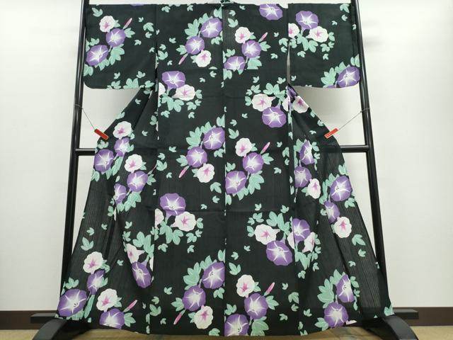 平和屋着物∴夏物 浴衣 朝顔 黒地 綿 逸品 CABE8867ng