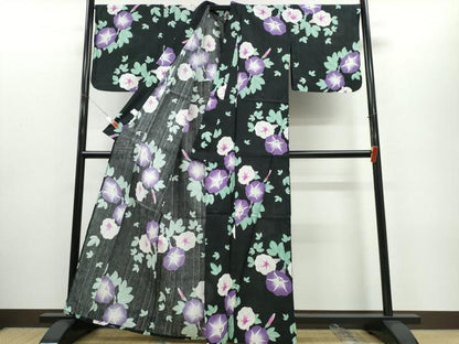 平和屋着物∴夏物 浴衣 朝顔 黒地 綿 逸品 CABE8867ng