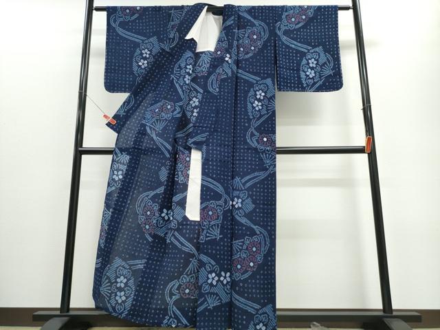 平和屋着物∴夏物 浴衣 有松鳴海絞り 流水扇面花文 綿 逸品 未使用 CABE8898ng