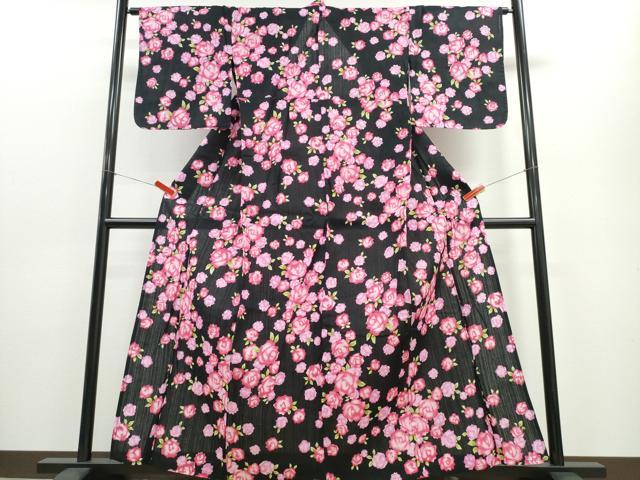平和屋着物∴夏物 浴衣 薔薇 ラメ 黒地 綿 逸品 CABE8903ng