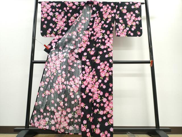 平和屋着物∴夏物 浴衣 薔薇 ラメ 黒地 綿 逸品 CABE8903ng