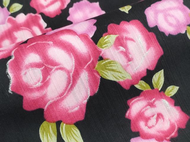平和屋着物∴夏物 浴衣 薔薇 ラメ 黒地 綿 逸品 CABE8903ng
