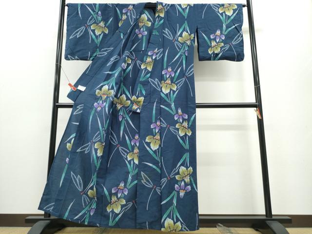 平和屋着物∴夏物　浴衣　トンボ　蜻蛉　杜若　日本製　綿　逸品　CABE8908ng