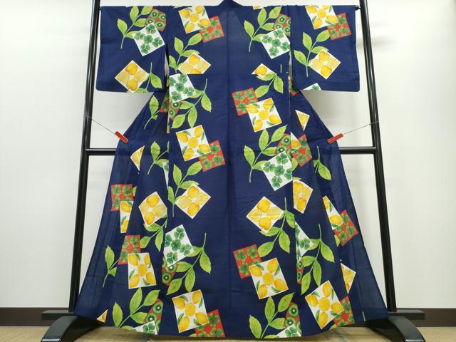 平和屋着物∴夏物 浴衣 檸檬 リンゴ クローバー 色紙草花文 綿 逸品 CABE8910ng