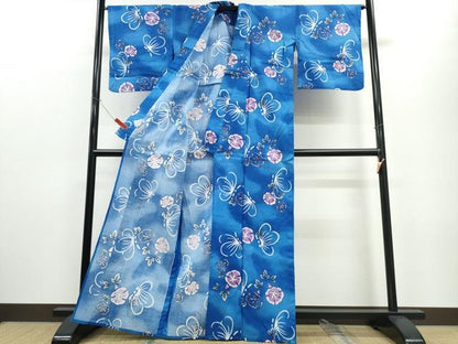 平和屋着物∴夏物 浴衣 綿紅梅 朝顔 舞蝶文 綿 逸品 CABE8914ng