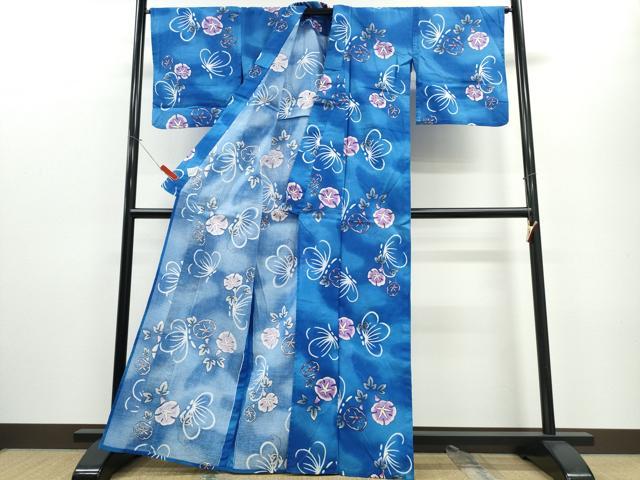 平和屋着物∴夏物 浴衣 綿紅梅 朝顔 舞蝶文 綿 逸品 CABE8914ng
